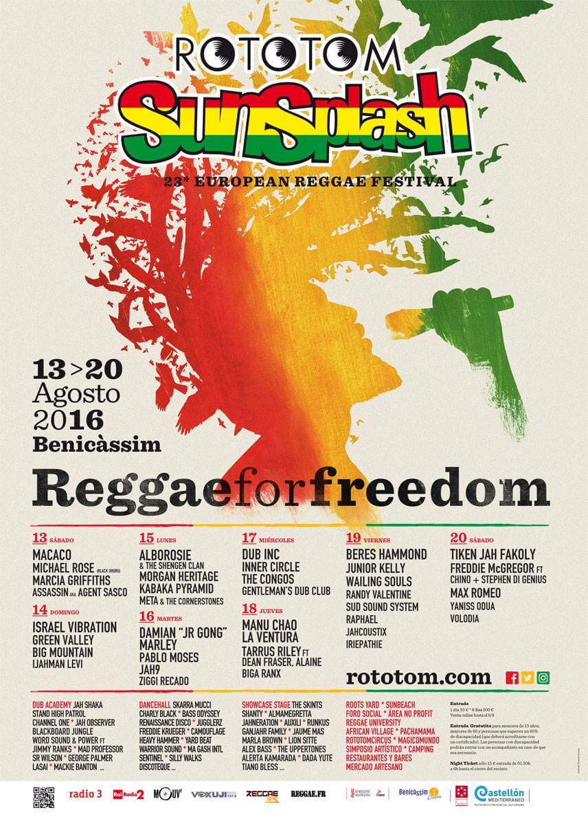 Программа фестивалья музыки регги Rototom Sunsplash 2016 в городе Benicassim, Valencia (Беникасим, Валенсия) в Испании