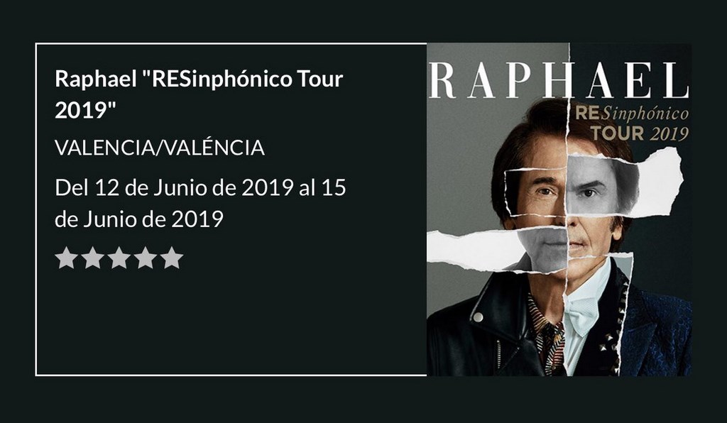 С 12 по 15 июня испанский певец Рафаэль представит в Валенсии, на сцене Дворца искусств имени Королевы Софии свою новую программу “RESinphónico Tour 2019”.